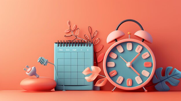 Un despertador rosa se sienta en una mesa junto a un calendario azul El fondo es un color rosa sólido