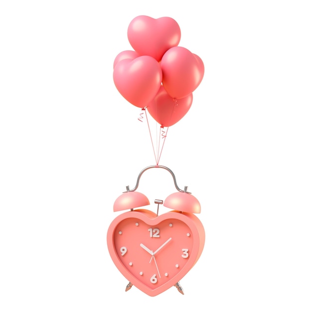 Despertador rosa volar en globos de corazón 3d renderizar ilustración