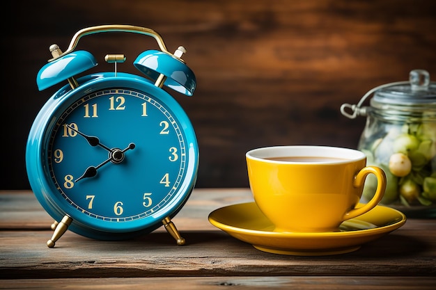 despertador y una taza de café en la mesa