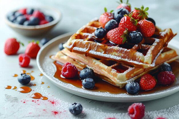 Despertar con el aroma acogedor de los waffles cubiertos con la naturaleza mejores bayas y menú de café jarabe