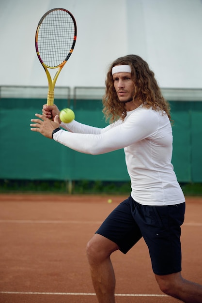 Desportista batendo bola com raquete de tênis jogando em quadra aberta no verão