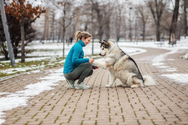 Desportista em um passeio com seu cachorro em um parque no clima frio. Neve, dia de neve, clima frio, animais de estimação