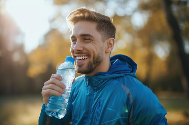 Desportista feliz fazendo uma pausa na água ao ar livre