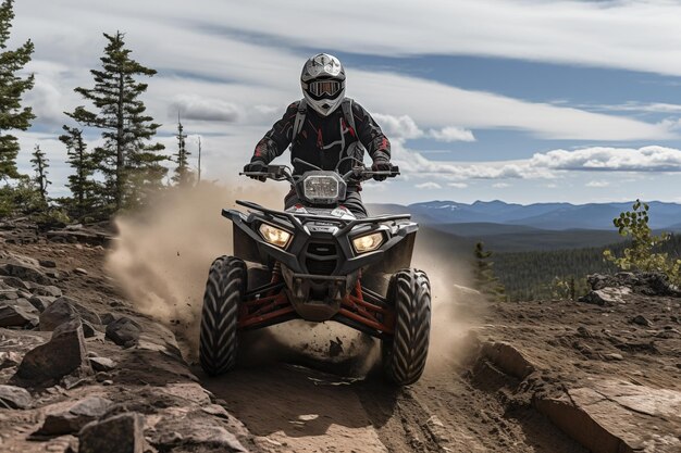 Desportista quad bike racer montando pista offroad em montanha IA gerativa