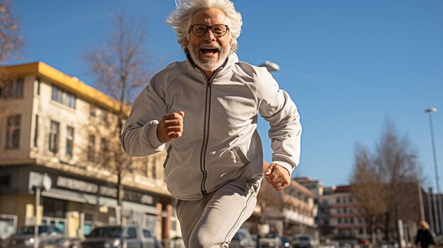 Foto desportista sênior cinza ouvindo música com fones de ouvido enquanto corre ao ar livre