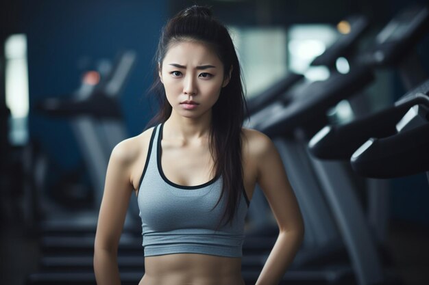 Desporto bem-estar e estilo de vida ativo conceito chateado e desapontado esportista asiática mulher em aptidão