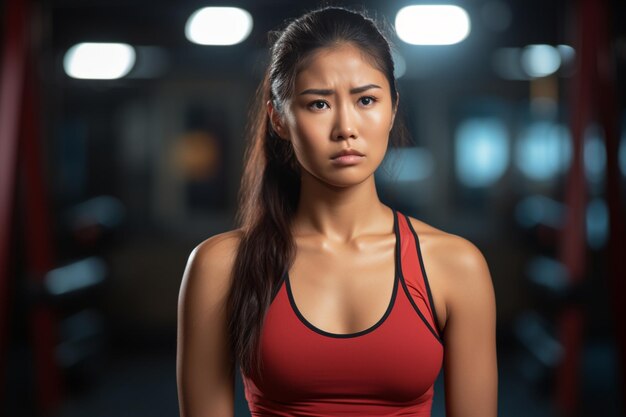 Foto desporto bem-estar e estilo de vida ativo conceito chateado e desapontado esportista asiática mulher em aptidão