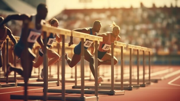 Desportos de obstáculos e equipe de mulheres em pista correndo em uma maratona de corrida ou competição em estádio