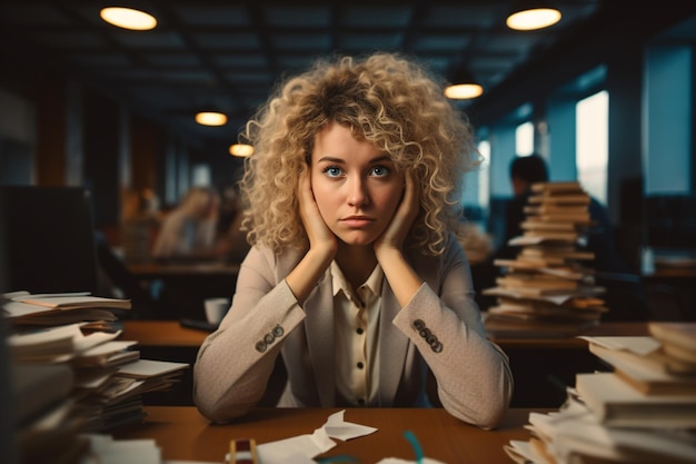 Foto despressão por esgotamento no trabalho retrato de uma contabilista ou empregada cansada e infeliz sentada no local de trabalho no escritório e olhando para a câmera