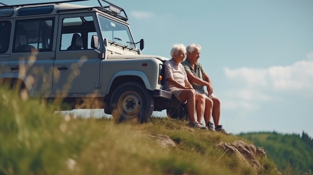 Después de caminar por el campo, una pareja de ancianos descansa contra el automóvil usando IA generativa