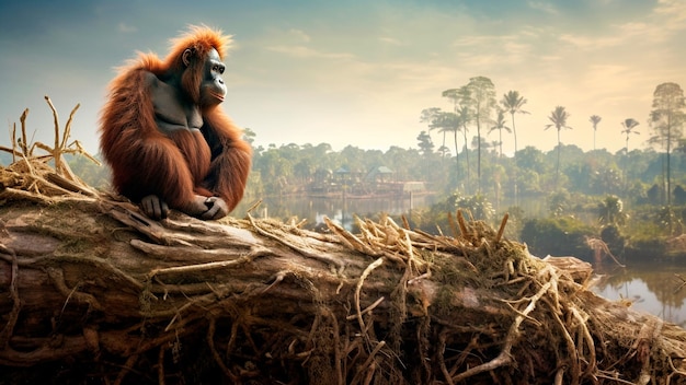 Después de la deforestación un orangután se sienta en un tronco de árbol IA generativa