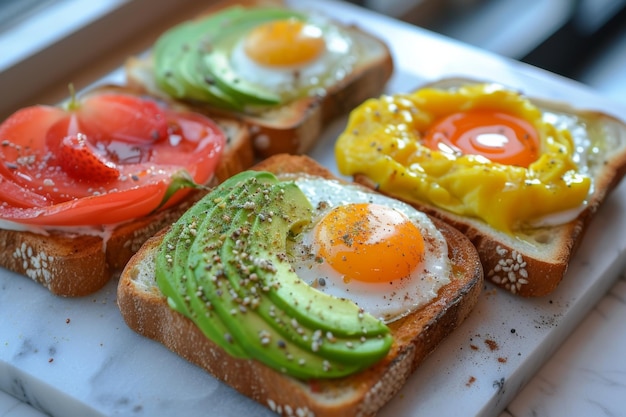 Después del entrenamiento, tostadas coloridas, bocadillos, desayuno plano, comida saludable.