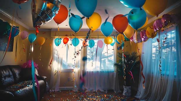 Después de la fiesta, la habitación estaba en un lío, los globos de colores seguían flotando y los confeti estaban esparcidos por todo el suelo.