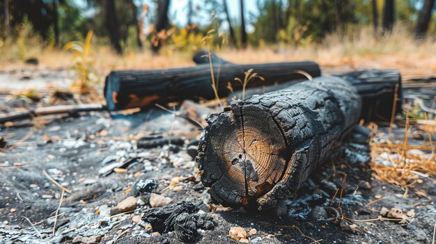 Foto después del incendio, el bosque queda con restos carbonizados. los árboles una vez vibrantes ahora se han reducido a troncos y troncos ennegrecidos.