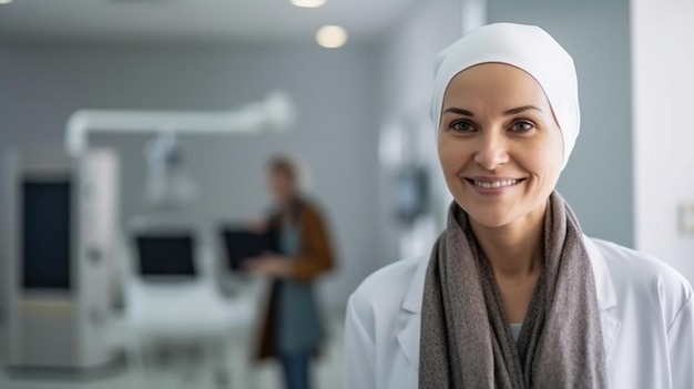 Después de la quimioterapia, un paciente con cáncer visita al médico del hospital con una bufanda The Generative AI