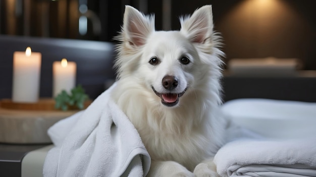 Después de un spa para perros, un canino blanco descansa sobre una toalla que encarna la calma