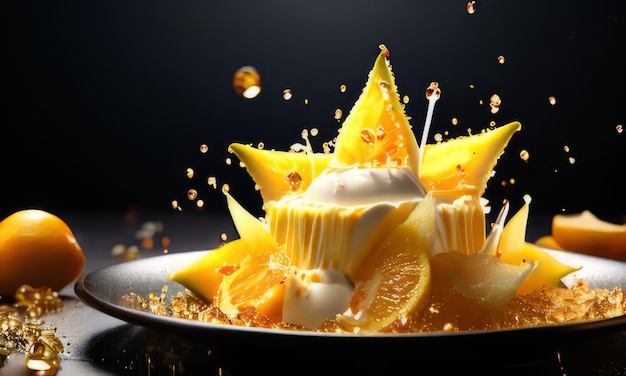 Dessert aus Eiscreme mit sternförmigem Carambola-Garnish besteht aus zerkleinerten Mandeln, Orangenscheiben, Sommer-Dessert, einzigartige kulinarische Präsentation, digitale Restaurant-Menüs, App für die Lieferung von Speisen.