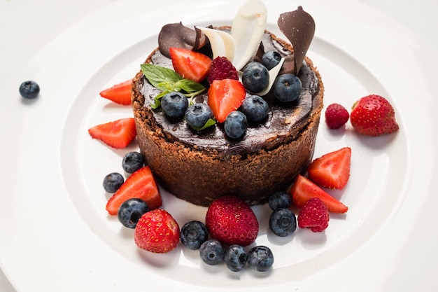 Dessert-Meisterwerk süßes Kuchen-Süßwaren-Konzept. Schokoladen-Tiramisu mit Beeren. Foto für Restaurant-Menü.