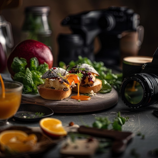 Dessert und frisches Obst auf einem Tisch Sanfte Beleuchtung