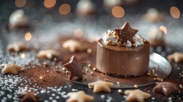 Foto dessertplatten auf einem spiegel, der einen himmel mit essbaren sternen widerspiegelt