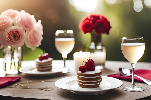 Desserts auf einem Tisch mit Blumen und einer Kerze im Hintergrund