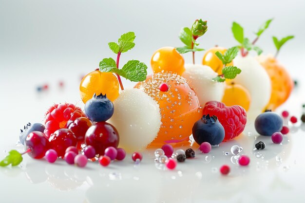 Desserts con bayas en fondo blanco gastronomía molecular