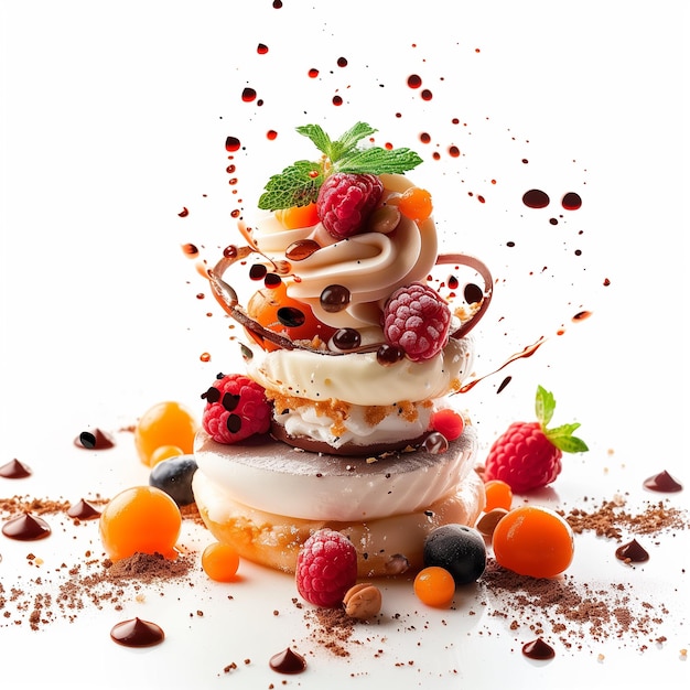 Desserts con frambuesas en fondo blanco gastronomía molecular