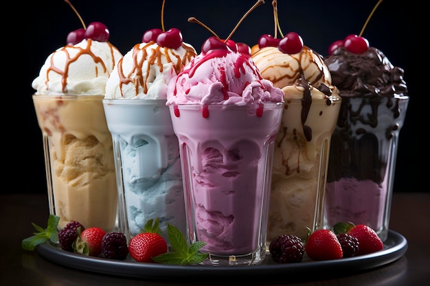 Desserts, verschiedene Eissorten in Gläsern mit Früchten und KI-generierten Toppings
