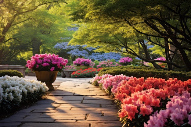 Destaca la belleza de un jardín sereno en plena floración.
