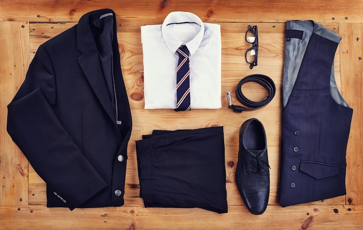 Foto destaca en el lugar de trabajo con este elegante atuendo toma en ángulo alto de un elegante atuendo de negocios sobre una mesa de madera