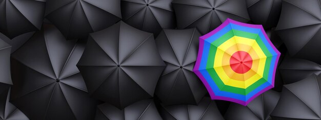 Destacado orgullo gay Paraguas de color arcoíris entre la vista superior negra Diferencia LGBTRQ 3D Render