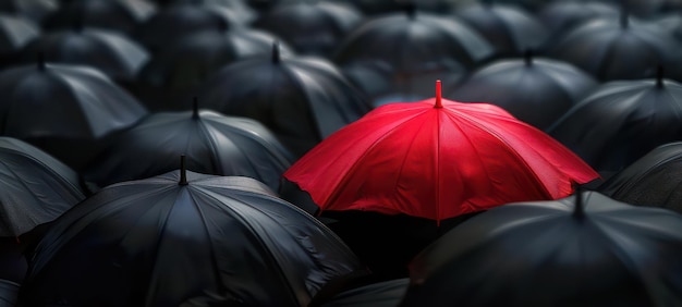 Destacando-se da multidão conceito guarda-chuva vermelho entre uma multidão de guarda-chuvas pretas