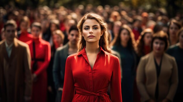 Destacando-se do conceito da multidão com uma mulher bem vestida de vermelho subindo acima do espaço de cópia da multidão