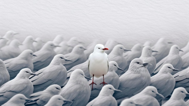 Destacándose de la multitud pájaro blanco de pie entre el hombre pájaros grises IA generativa
