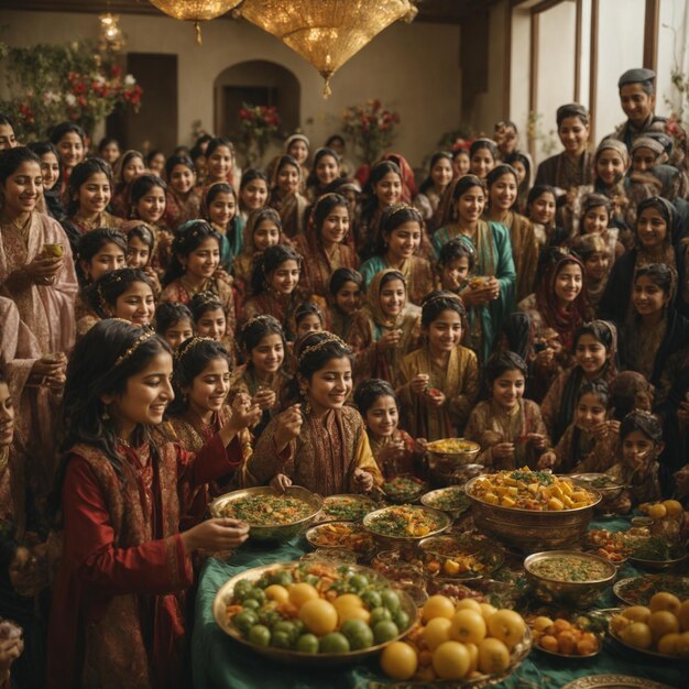 Destacar las alegres reuniones y celebraciones de Nowruz con imágenes de familias y amigos que vienen