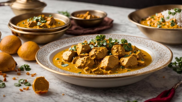 Destaque a arte da gastronomia indiana fotografando um prato delicioso de Chicken Korma