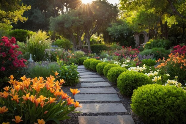 Destaque a beleza de um jardim sereno em plena floração