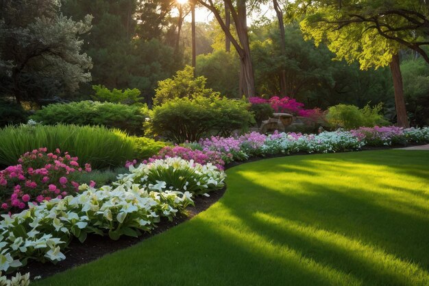 Destaque a beleza de um jardim sereno em plena floração