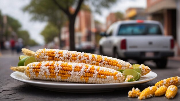 Foto destaque el atractivo del maíz callejero mexicano colocándolo en un plato blanco prístino ag