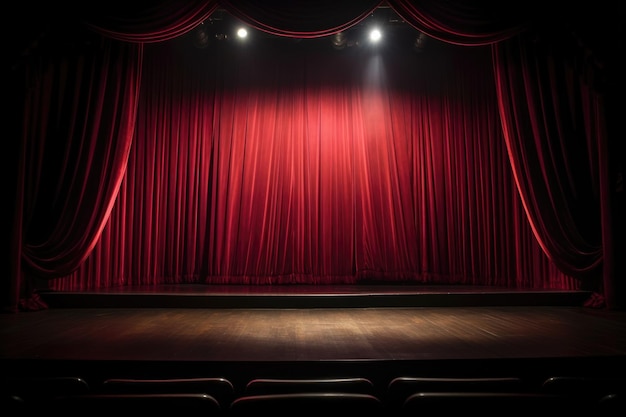 Destaque dramático em um palco vazio com cortinas vermelhas criadas com IA generativa