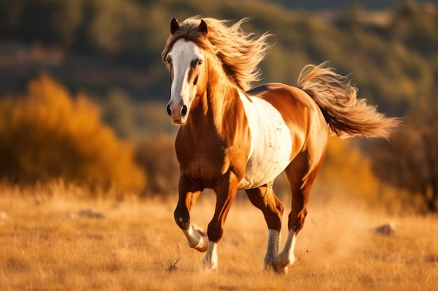 Destaque el movimiento de un caballo al galope corriendo libremente por un campo abierto