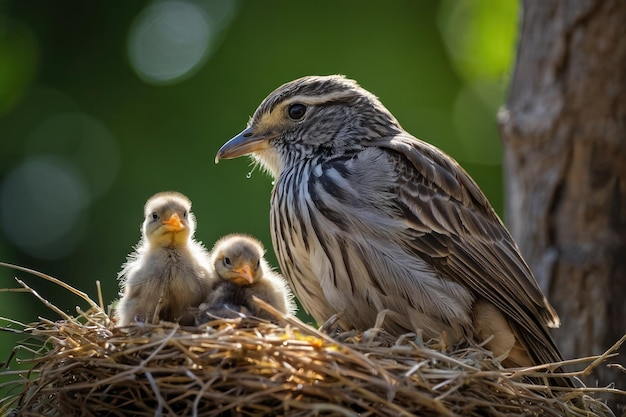 Destaque o momento terno em que uma mãe pássaro cuida de seus filhotes