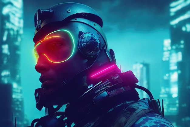 Destaques de neon do soldado Cyberpunk e contorno de neon