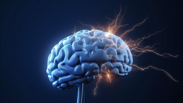 Destellos de actividad eléctrica del cerebro humano y relámpagos contra un fondo azul IA generativa