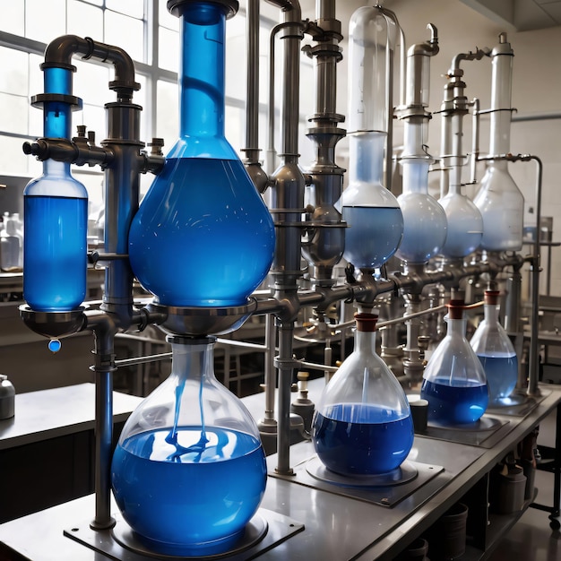 Foto la destilación se utiliza para separar líquidos azules para su uso en las clases de ciencias