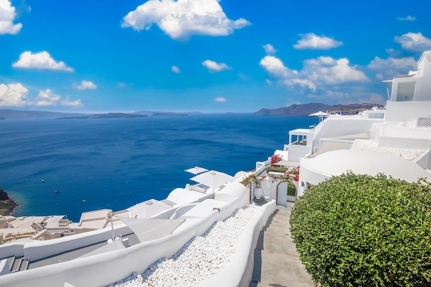 Destino de Europa famoso luxo cênico das férias mediterrâneas. Arquitetura branca Santorini, Grécia