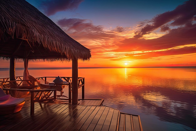 Destino exótico com vista para o pôr do sol no horizonte criado com ai generativa