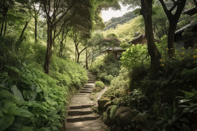 Destino fora do comum com vegetação luxuriante e belas paisagens criadas com IA generativa