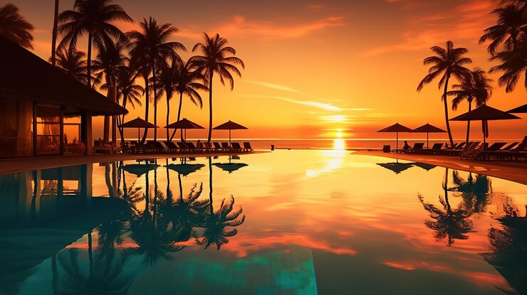 Destino para unas vacaciones de verano en la playa, un opulento centro turístico junto a la playa, piscina, ai generativo