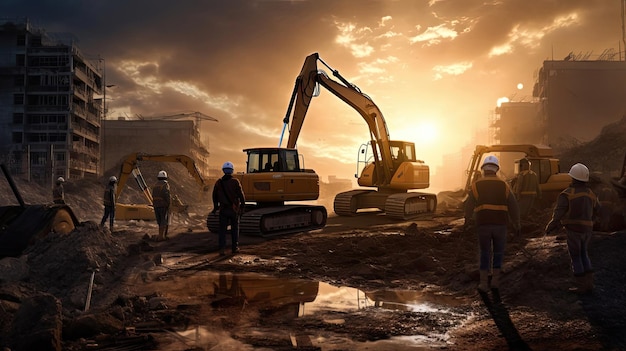 La destreza en la construcción cuando los trabajadores manejan maquinaria pesada. El poder controlado y la delicadeza de sus acciones. La remodelación del terreno. Generado por IA.